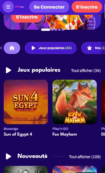 Application mobile 247Vibes avec les jeux populaires et les nouveautés