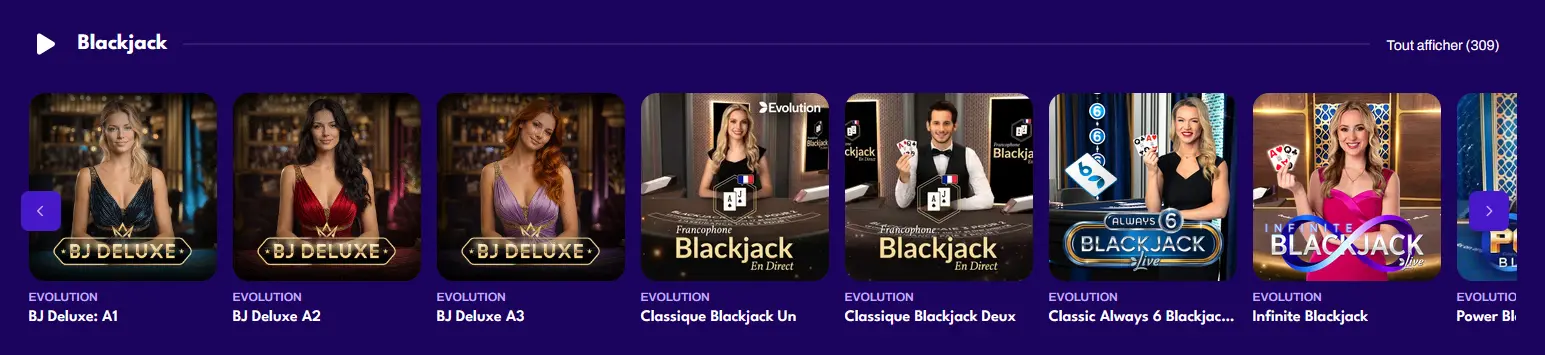 Tables de blackjack en direct 247Vibes avec croupiers professionnels