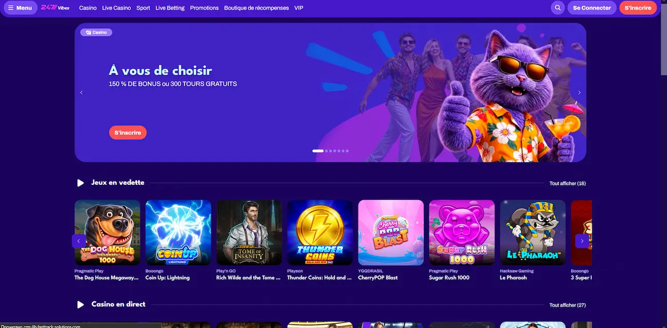 Page d'accueil du casino en ligne 247Vibes avec bonus de bienvenue et machines à sous