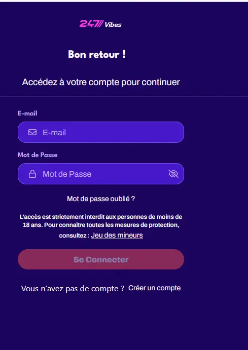 Formulaire de connexion au compte 247Vibes