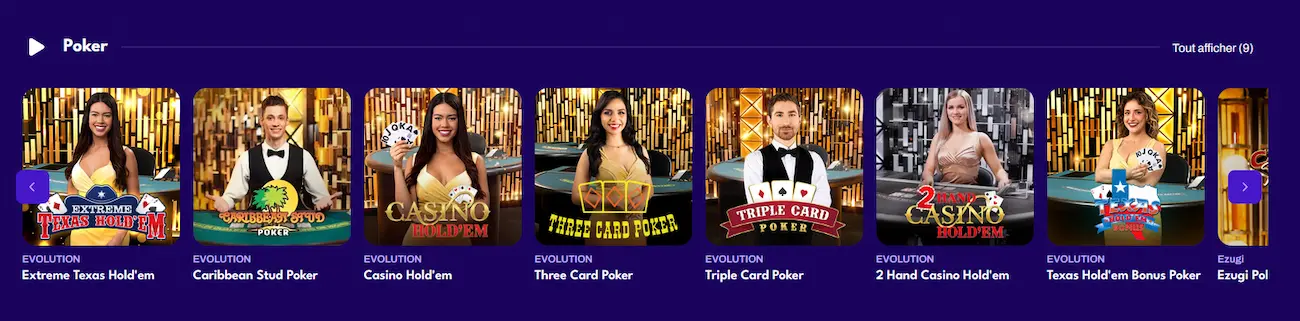 Tables de poker en direct 247Vibes, dont Texas Hold'em et Casino Hold'em
