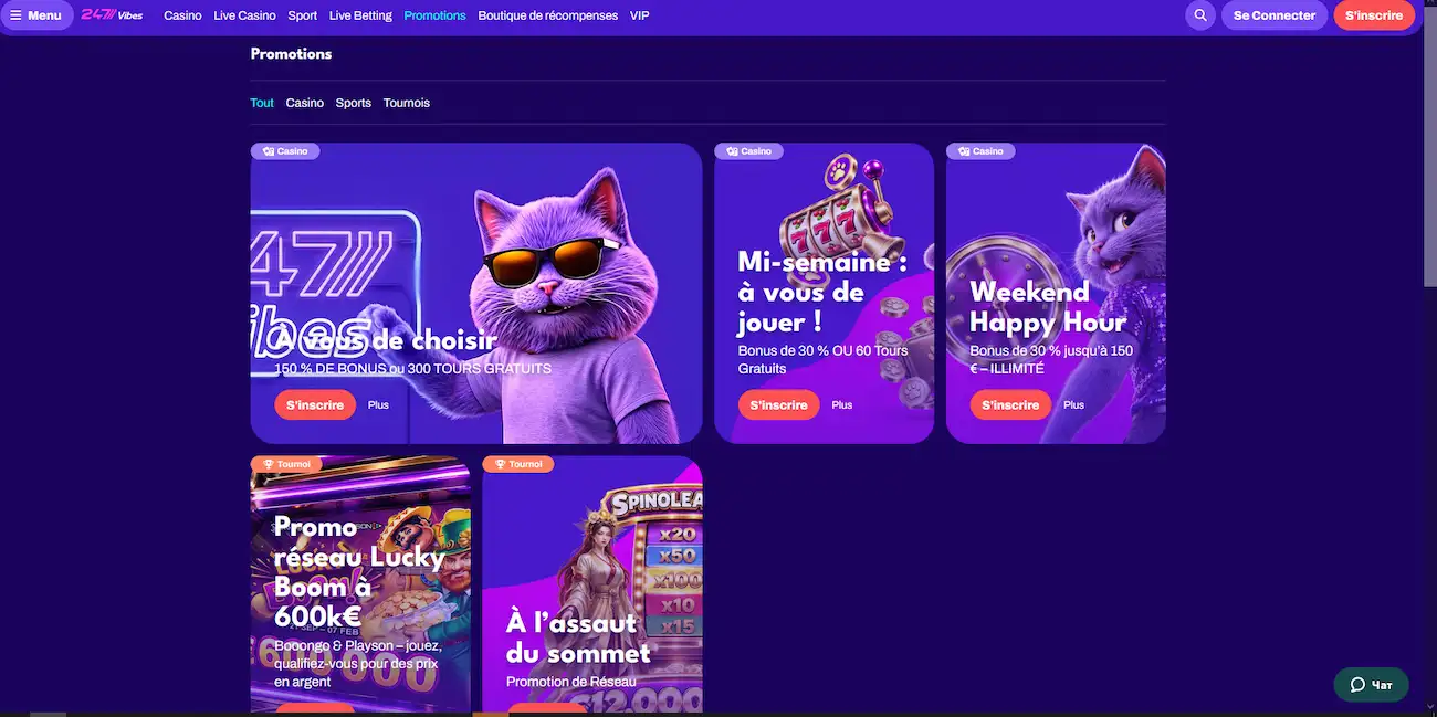 Promotions actives sur 247Vibes : bonus de bienvenue, reload du weekend et tournoi Lucky Boom