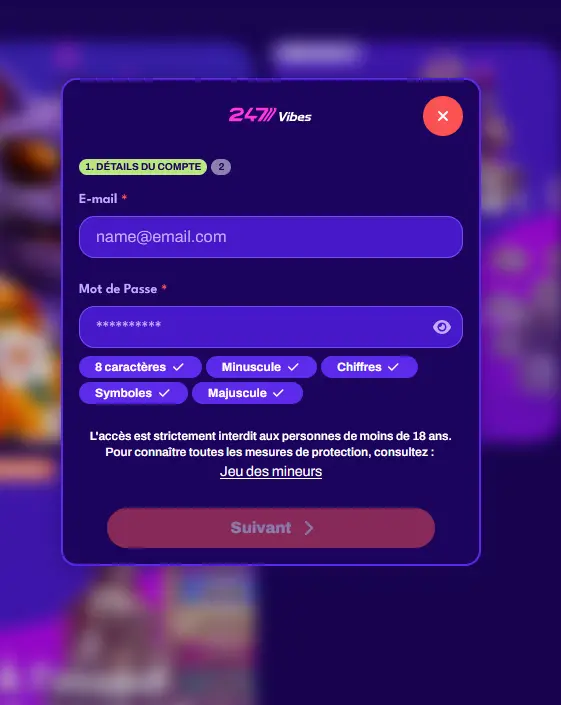 Formulaire d'inscription 247Vibes avec création du mot de passe sécurisé
