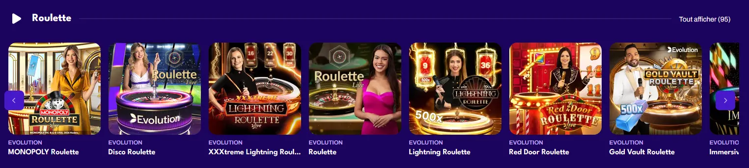 Tables de roulette en direct 247Vibes, dont Lightning Roulette et Monopoly Roulette