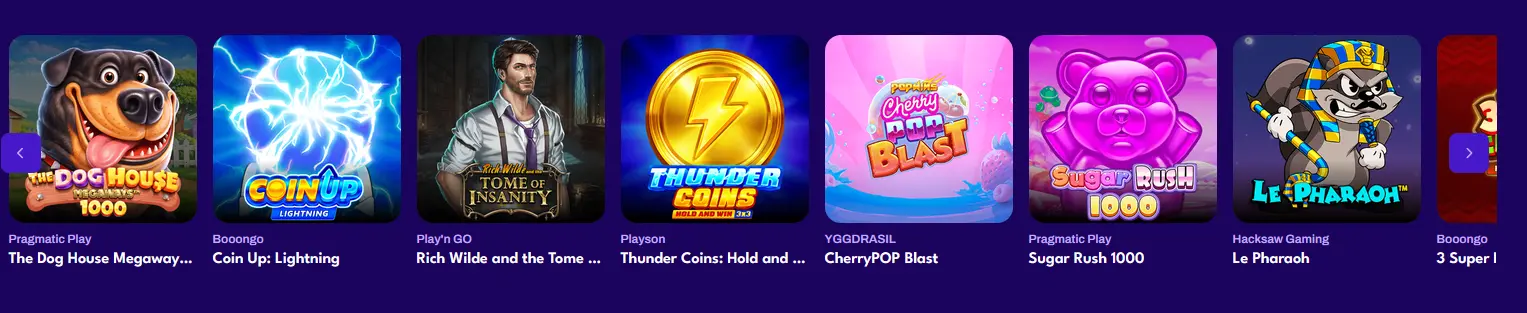 Machines à sous populaires sur 247Vibes : Sugar Rush 1000, Le Pharaoh et Thunder Coins