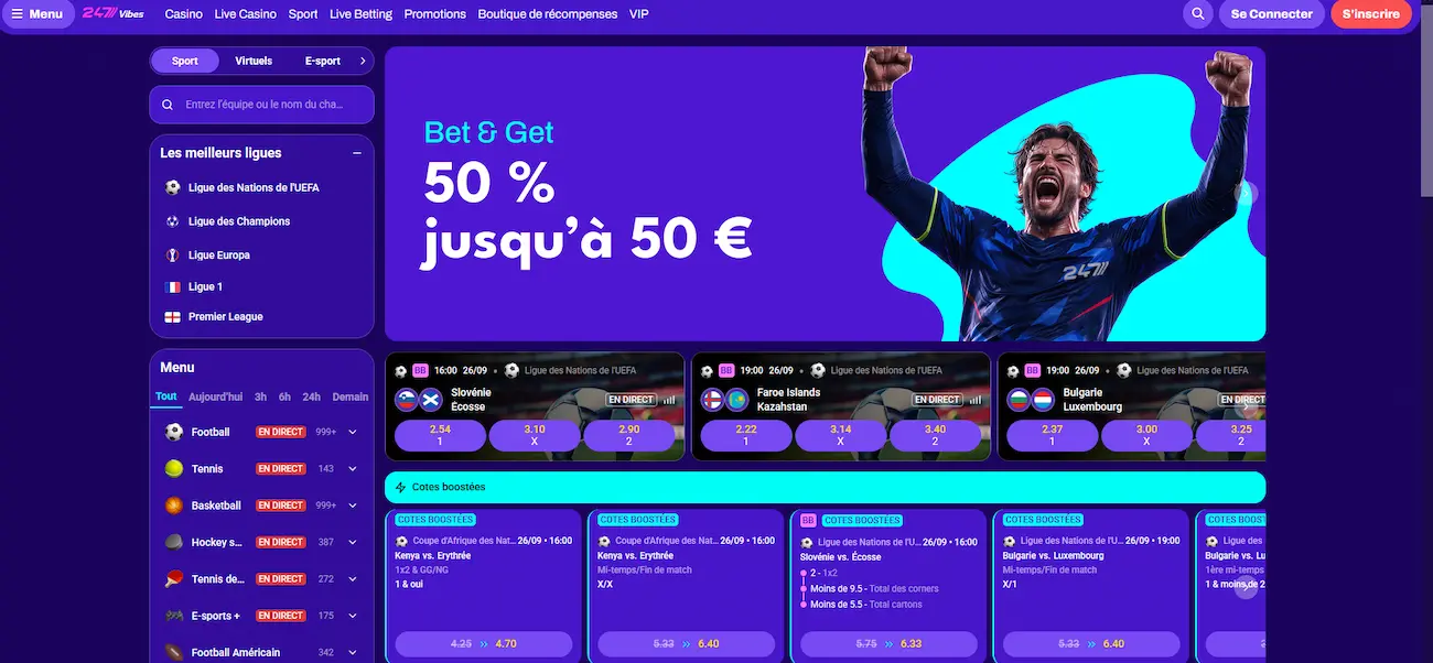 Section paris sportifs de 247Vibes avec l'offre Bet and Get et les cotes en direct